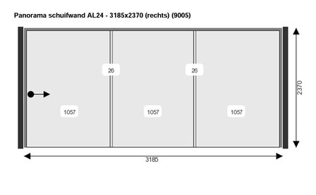 Aluxe glasschuifwand AL24 3 glaspanelen + zwart aluminium