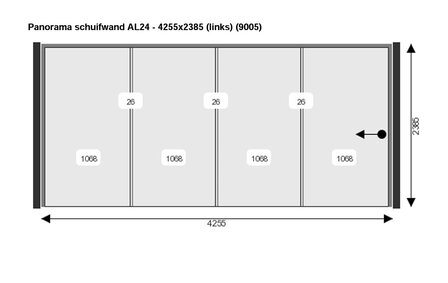 Aluxe glasschuifwand AL24 4 glaspanelen + zwart aluminium