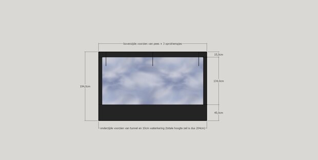 Verandazeil mat zwart met venster breed 305cm x hoog 204cm